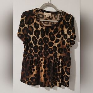 Diana Belle Women’s XL Leopard Print Peplum Top Short Sleeve Stretch Blouse